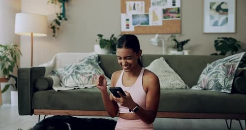 Excited woman, phone and winning in home with dog with online prize, celebration or notification