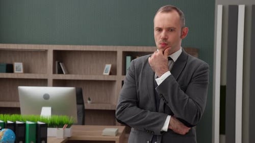 Fine Greyhaired Middleaged Man in Formal Wear Thinking of Problem in Office