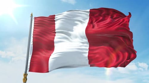 Realistic Peru Flag Waving Against Blue Sky Animation