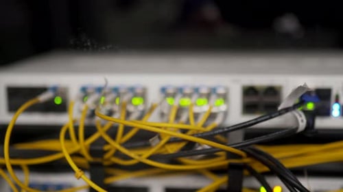 Optical Server and Router of the Data Center Server Room Network Equipment Blinking with Lights on