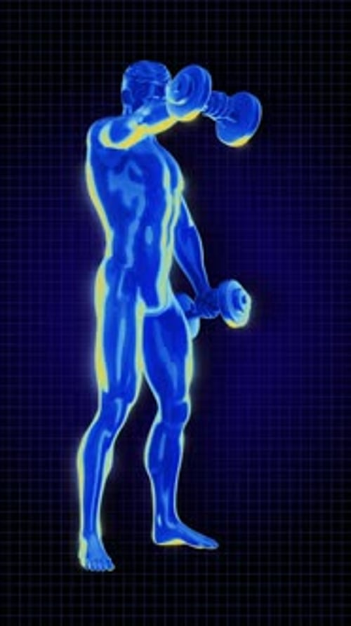 Futuristic Holographic Man Exercising Dumbbells for Muscle Activation