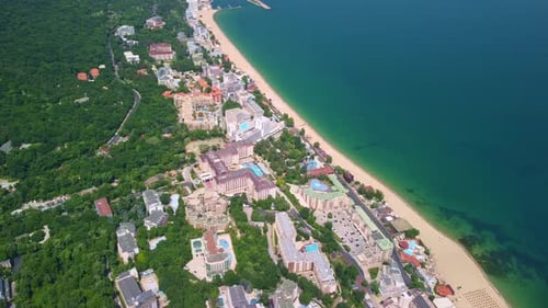 Aerial view of the beach and hotels in Golden Sands, Zlatni Piasaci. Varna, Bulgaria