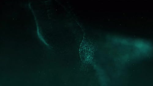 Fluorescent particles, dynamic flow of liquid. Trendy liquid cover design.