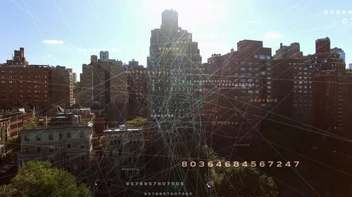Virtual Data Artificial Intelligence Cyberspace Connected to City Skyline
