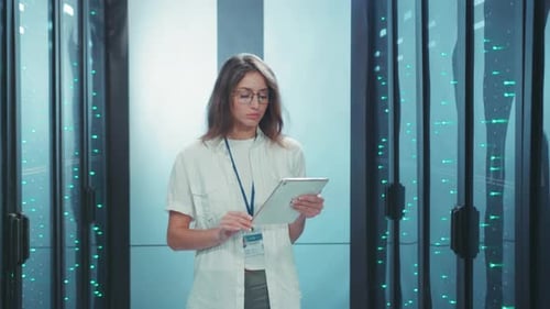 Eine professionelle Frau, die sich mit umfassender Datenanalyse in der Serverraumumgebung befasst