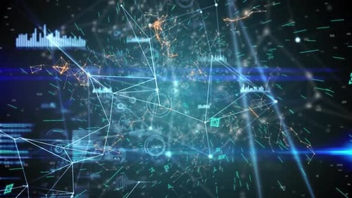 Animation of statistics recording over network of connections with icons