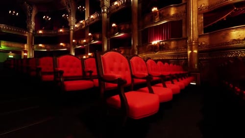 Elegant Empty Theater with Red Velvet Seats and Golden Ornaments
