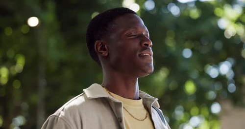 Man, thinking and breathing outdoor for fresh air, mindfulness and stress management at college