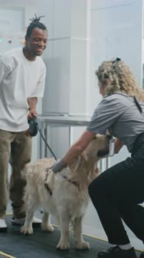 Man with Pet During Screening Procedures in Airport Terminal Female TSA Officer Scanning Dog