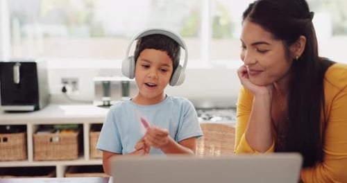 Mother, laptop or kid elearning for education, growth development or knowledge in online class