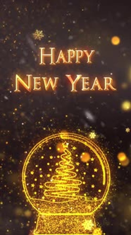 Golden Happy New Year Snow Globe with Christmas Tree Particles