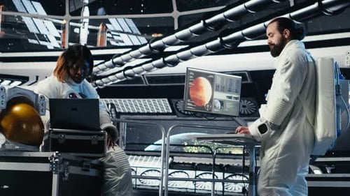 Astronauts Flying in Starship Exploring Mars Seeking Extraterrestrial Life