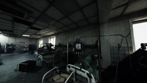 Abandoned Hospital Ward Featuring Empty Beds and Medical Equipment at Dusk