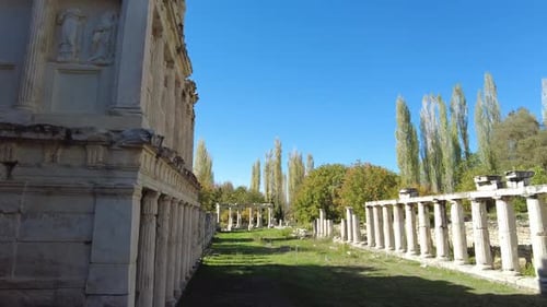 Aphrodisias Ancient Temple Ruins Columns Carved Walls Blue Sky Turkey