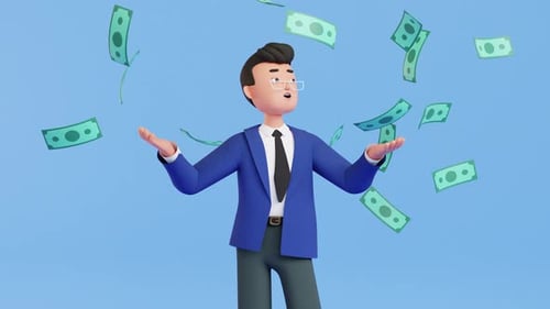Animated 3D Businessman Celebrating Financial Success with Money Rain