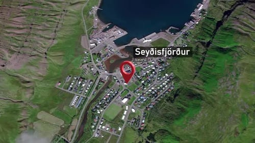 Plan de la ville de Seyðisfjörður Zoom (Islande) de l'espace à la Terre