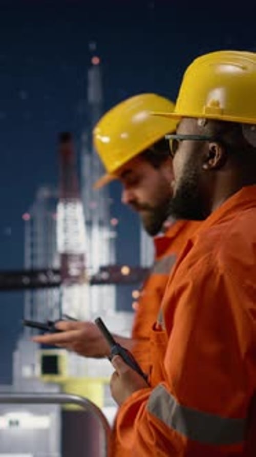 Vertical Video Talking in Walkie Talkie Global Oil Crisis and Men on Offshore Rig