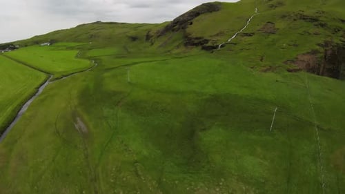 Aerial view over Large waterfall in Iceland