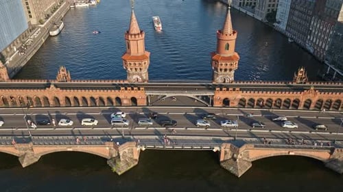 Aerial view of train crossing The Oberbaum Bridge , Berlin , Germany