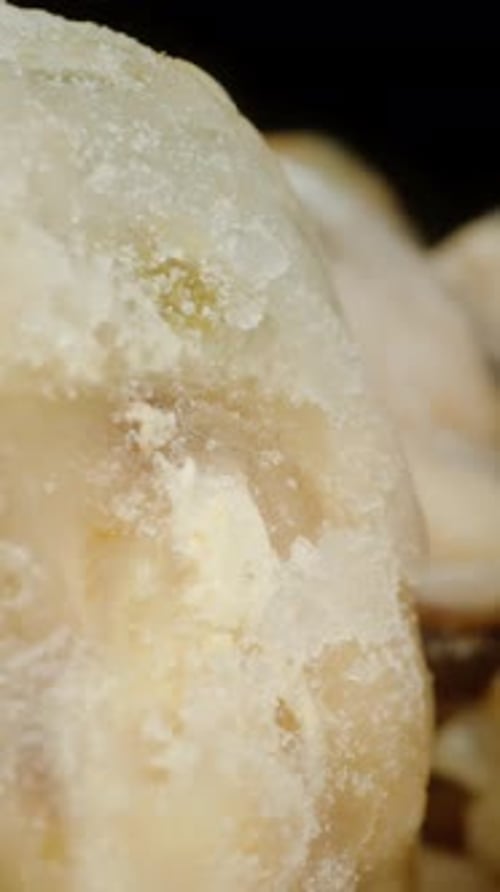 Vertical video. The camera glides through frozen mussels. Dolly slider extreme close-up.