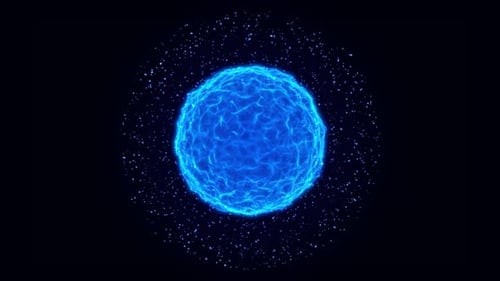 Glühende blaue Quantenenergiekugel mit umlaufenden Teilchen — Futuristische Plasmakern-Animation