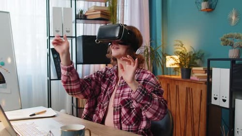 Business Woman Using Virtual Reality Online VR App Headset to Simulation 3D at Home Office Workplace