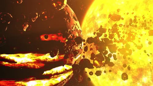 Dying Alien Planet with asteroid belt near sun, Close view