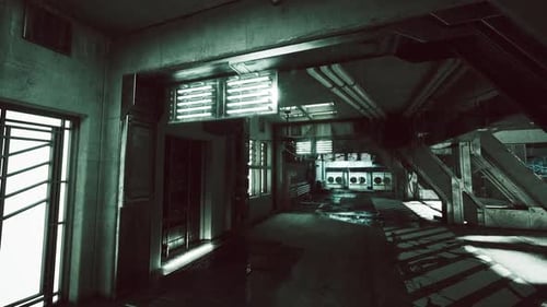 Mysterious Industrial Hallway with Eerie Lighting in an Abandoned Building
