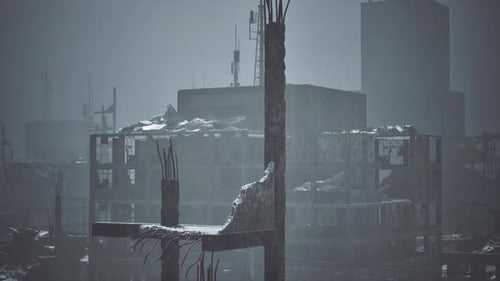Desolate Urban Landscape with Remnants of a Structure Rising Toward the Sky