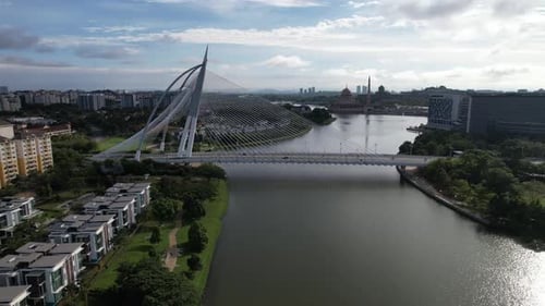 Aerial drone Putrajaya lake bridge track back