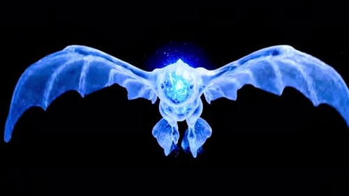 Glowing blue dragon flying with wings spread wide in darkness