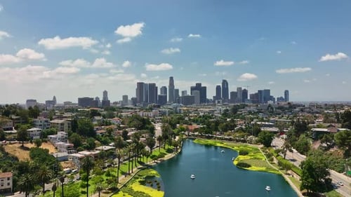 Aerial Flight Above Downtown LA and Echo Park Los Angeles Skyline From Echo Park Side Skyscrapers in