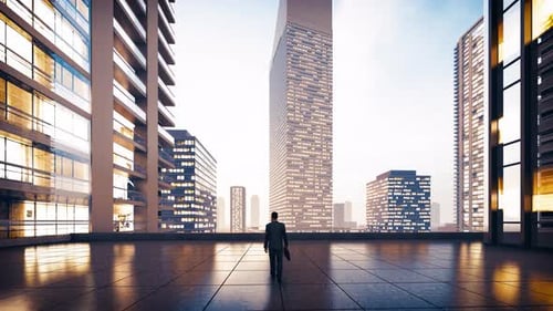 Rear View of 3d Businessman with Bag Walking in Downtown Area