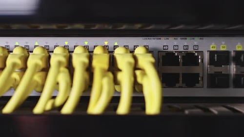 Panel de red, conmutador y cable en el centro de datos