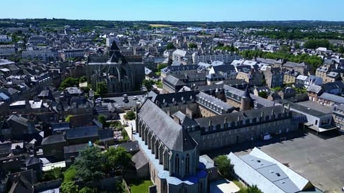 Receding aerial movement from the Saint-Malo church and its environment, Dinan, France.