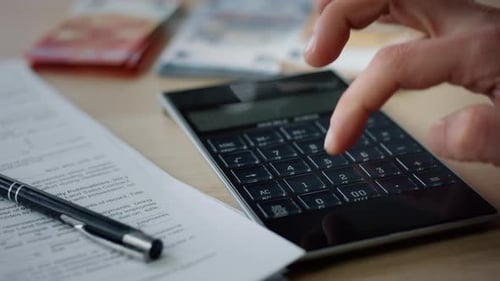 Accountant Working Calculator Counting Expenses Income Close Up