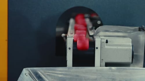 Red Plastic Covers of the Bottle on the Conveyor Line Speed Up Production Bottle Factory Drink