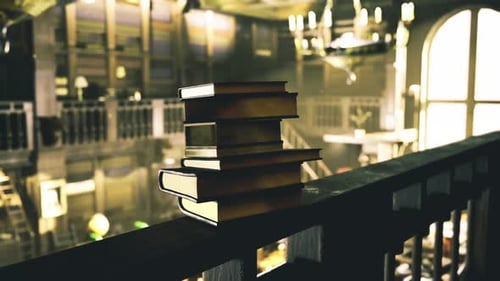 Libros antiguos en estantes de balcones, biblioteca vintage con iluminación brillante