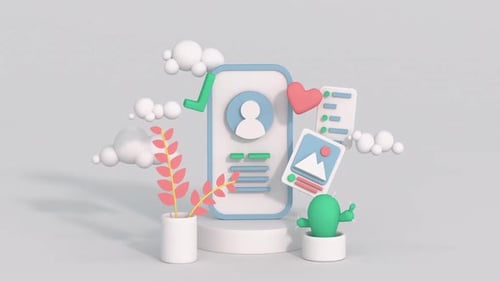Social media account on a mobile phone. Cute cartoony design. 3D render animation
