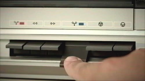 Retro Radio Tape Recorder Audio Cassette Playing Closeup Listening to Music Recording Studio Old