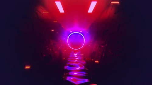 Un cercle de néon brille dans un tunnel sombre