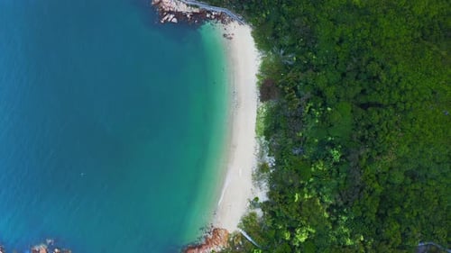Drone shot traveling to the right above a little tropical bay with a beach and a hill full of tropic