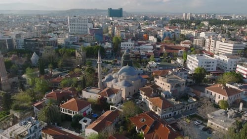 Fly Over Houses in Historic City Centre Tekeli Mehmet Pasa Mosque and Ancient Sights at Golden Hour