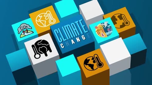 Concept of Climate Change Title With Icons on 3D Cube Animation
