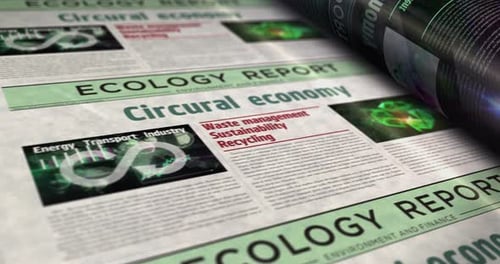 Ecology Report Newspaper Printing with Circular Economy Symbols Animation
