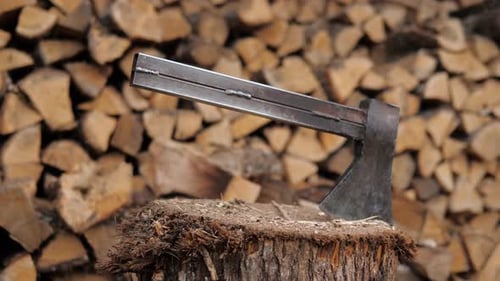 An Iron Axe Stuck in a Deck Against the Background of Logs Harvested for the Winter
