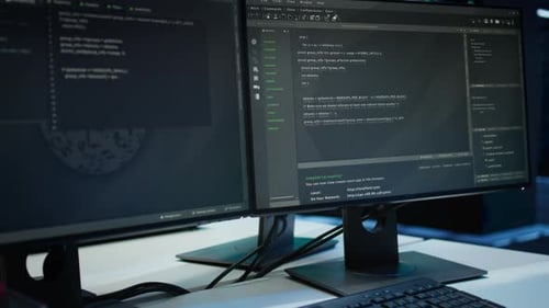 Close Up of Code Running on Computer Screens in Modern Server Room