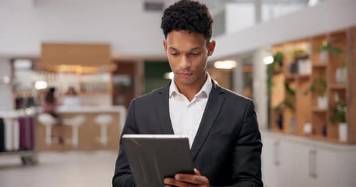 Hotel, concierge and business man on tablet for online bookings, guest service and reservation