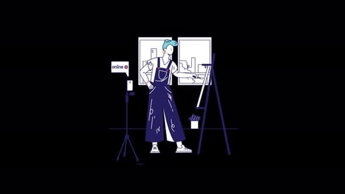 Artista femenina dibujando en línea, vestida con un atuendo casual.