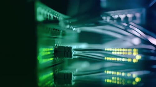 Futuristic HighSpeed Data Center Network Connections Fiber Optic and Ethernet Cables Server Rack